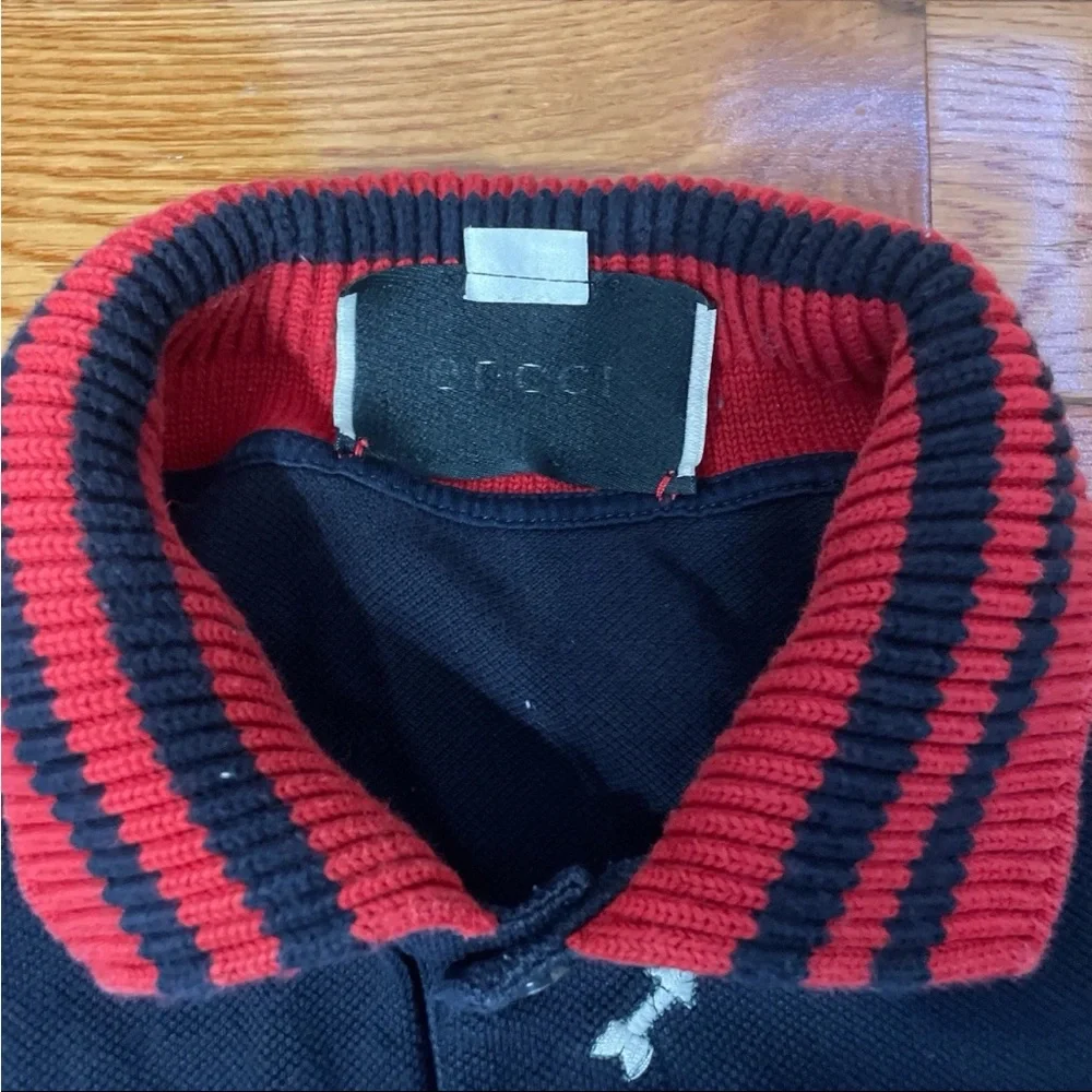 Gucci Kingsnake Crown Bee Eye Navy and Red Knit Polo Shirt